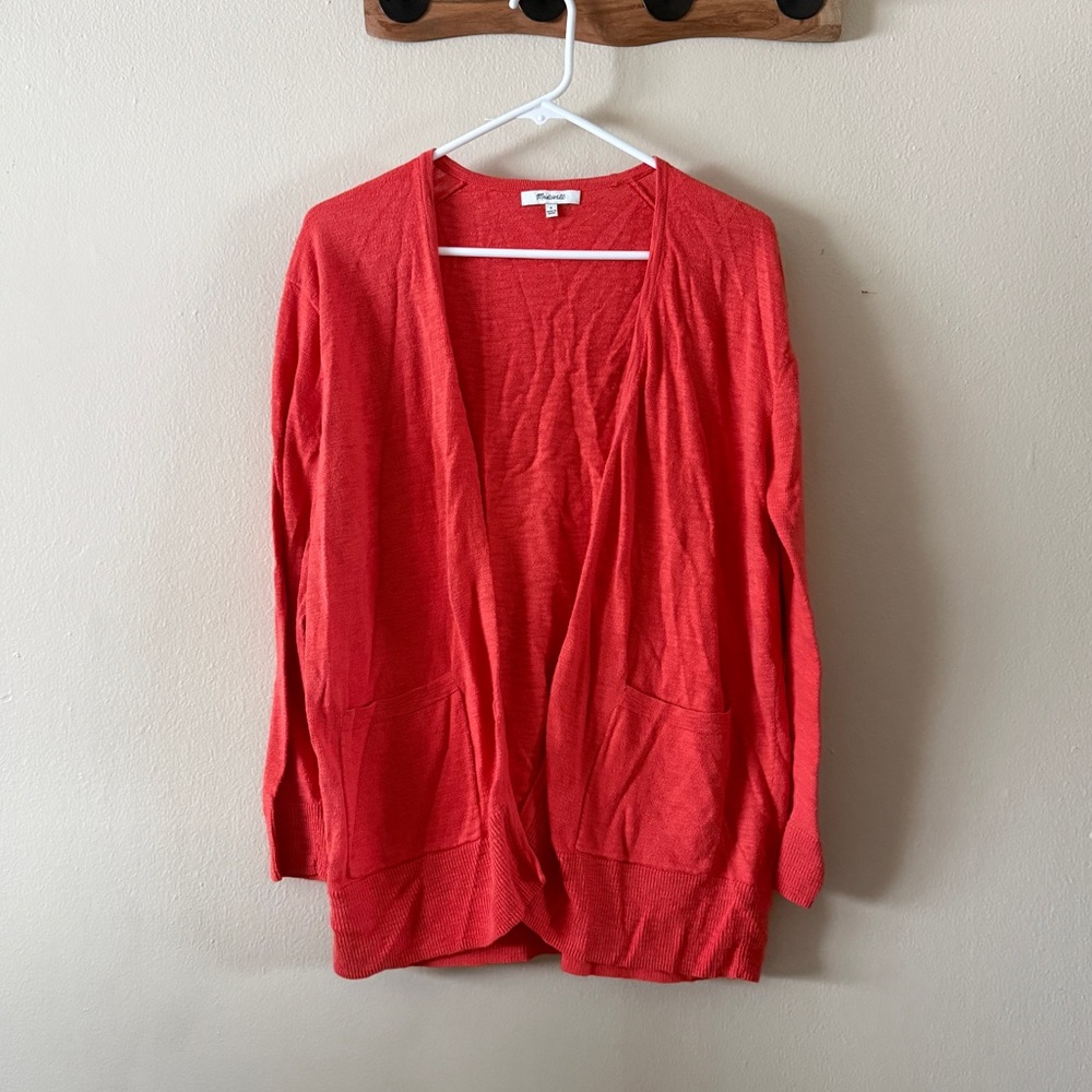 Madewell Orange Red Lightweight Sheer Slub Knit Pocket Cardigan Sweater Size S